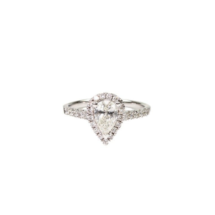 18K White 1.28ct Diamond Pear-cut with Pavé Halo and Shoulders Ring, Size P, 3.7g. Colour J, Clarity I1.  Auction Guide: £3,000-£3,500 (VAT Only Payable on Buyers Premium)