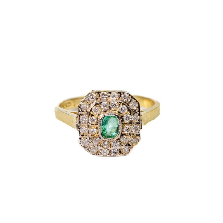 9ct Yellow and White Gold Emerald with Diamond Double Halo Ring, Size N½, 3.6g.  Auction Guide: £350-£450