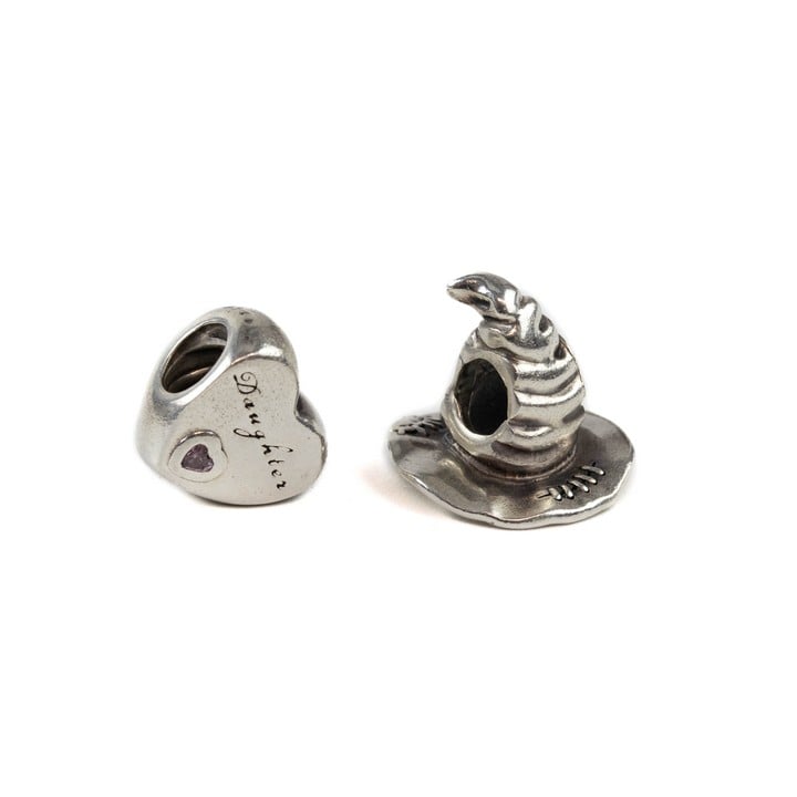 Pandora Silver Pink Stone Daughter Heart Charm, Pandora Silver Harry Potter Sorting Hat Charm, total weight 6.5g (VAT Only Payable on Buyers Premium)