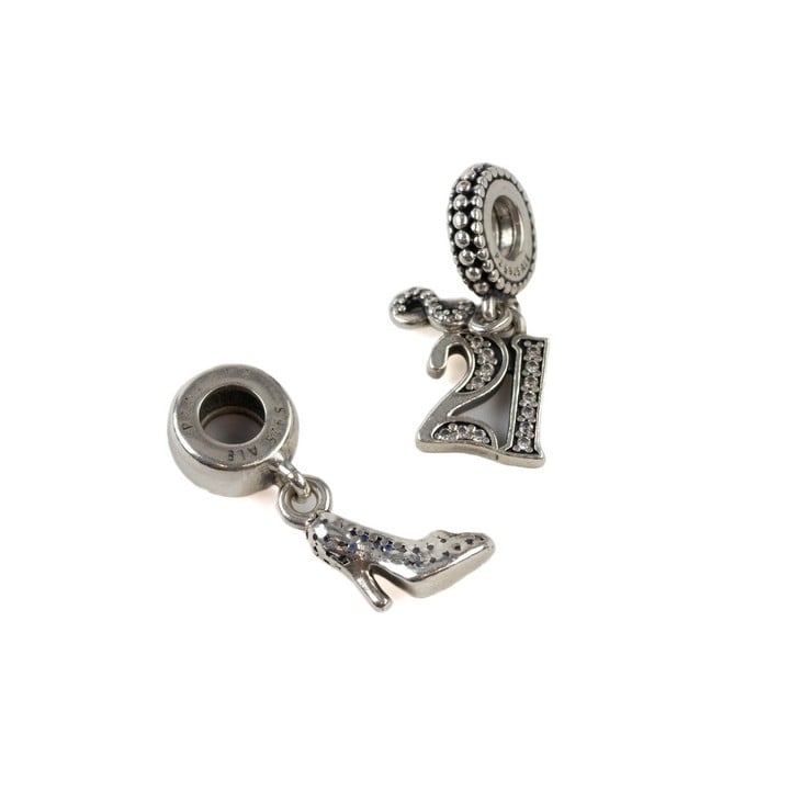 Pandora Silver Disney Cinderella Slipper Charm, Pandora Silver Clear Stone 21 Charm, total weight 5.2g (VAT Only Payable on Buyers Premium)