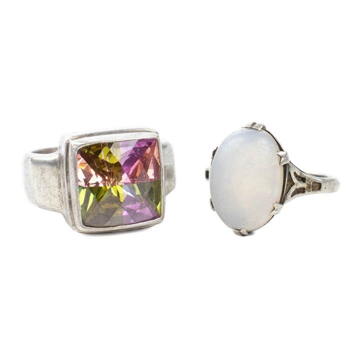 Silver Iridescent Cabochon Oval Stone Ring, Size M½. Silver Multi-colour Faceted Stone Ring, Size P, total weight 16.8g (VAT Only Payable on Buyers Premium)