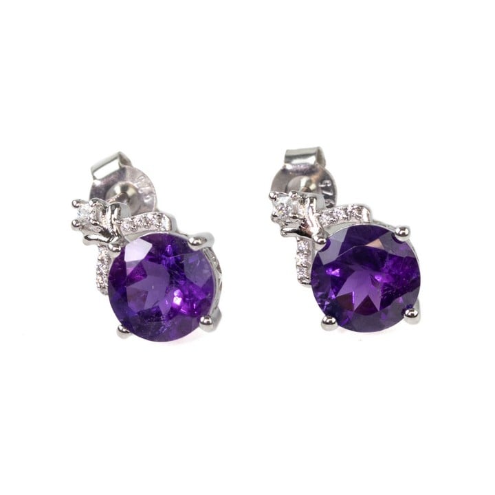 Silver Amethyst Round Faceted Stone with Clear Stones Drop Earrings, 1.5cm, 3.1g