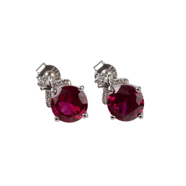 Silver Ruby Round Faceted Stone with Clear Stones Drop Earrings, 1.5cm, 3.2g