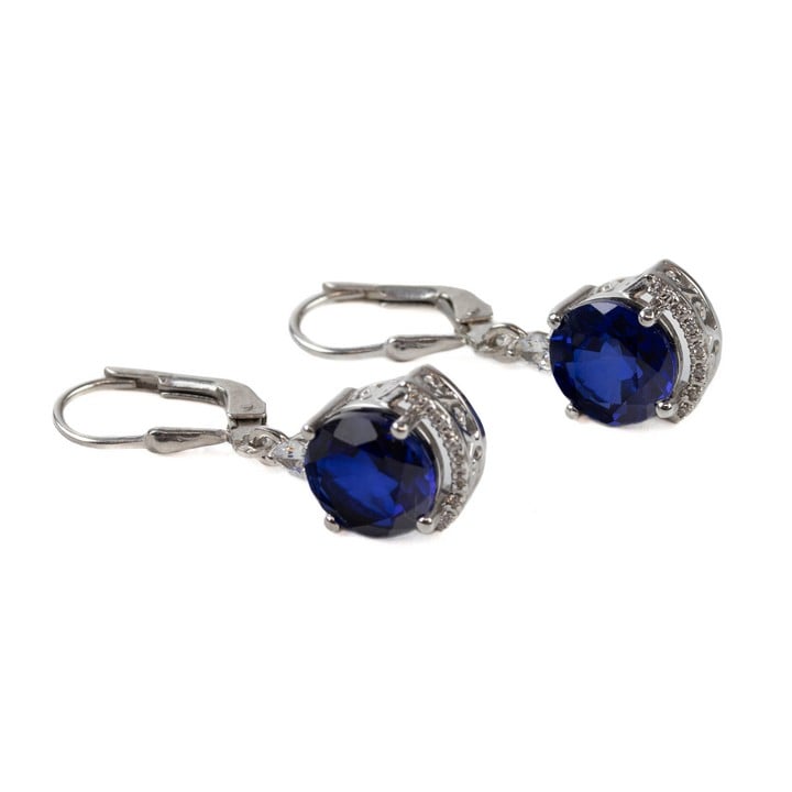 Silver Blue Sapphire Round Faceted Stone with Clear Stones Drop Earrings, 3cm, 5g