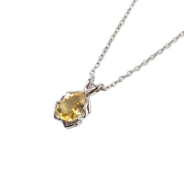 Silver Citrine Pear Drop Pendant, 1.2cm and Chain, 45cm, 1.9g