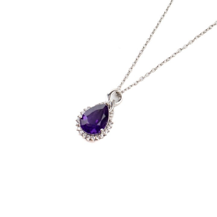 Silver Amethyst Pear Drop with Clear Stone Halo Pendant, 1.7cm and Chain, 45cm, 2.4g