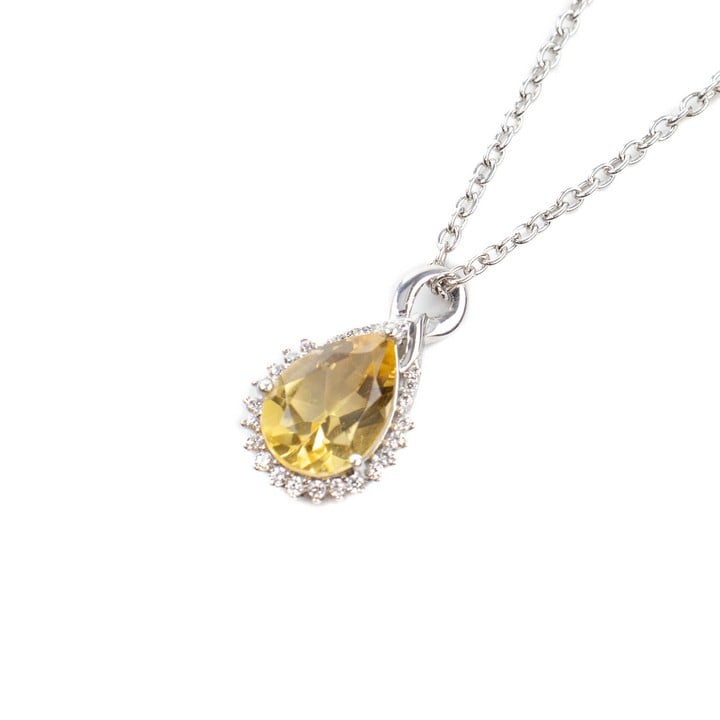 Silver Citrine Pear Drop with Clear Stone Halo Pendant, 1.7cm and Chain, 45cm, 3.5g