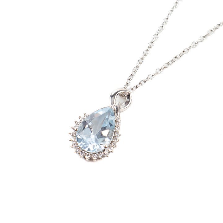 Silver Sky Blue Topaz Pear Drop with Clear Stone Halo Pendant, 1.7cm and Chain, 45cm, 3.5g