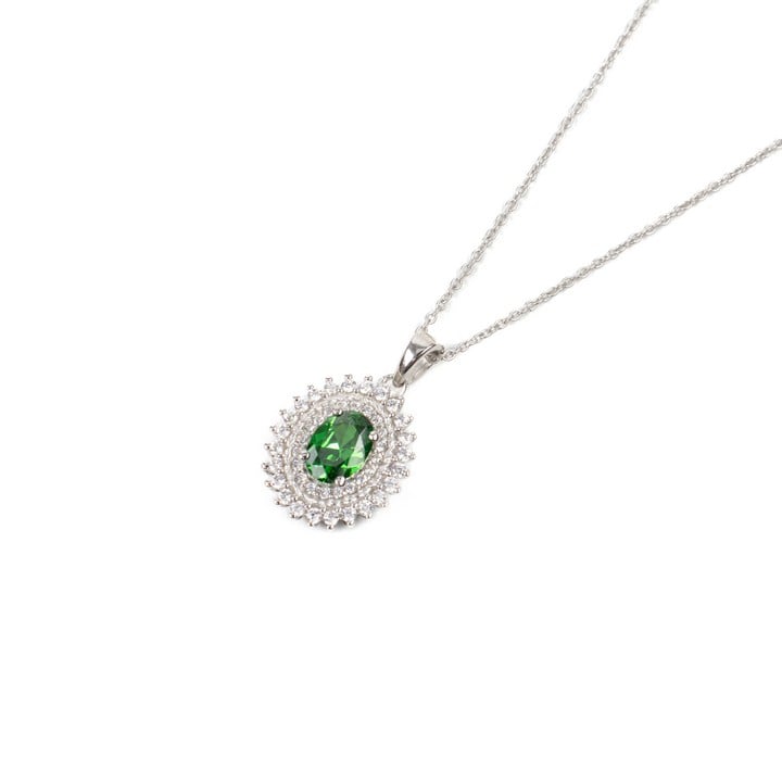 Silver Green Oval Faceted Stone with Double Halo Clear Stone Pendant and Chain, 45cm, 3.1g