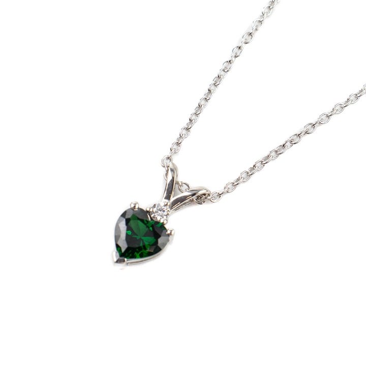 Silver Emerald Heart Stone and Round Clear Stone Pendant, 1.5cm and Chain, 45cm, 3.1g