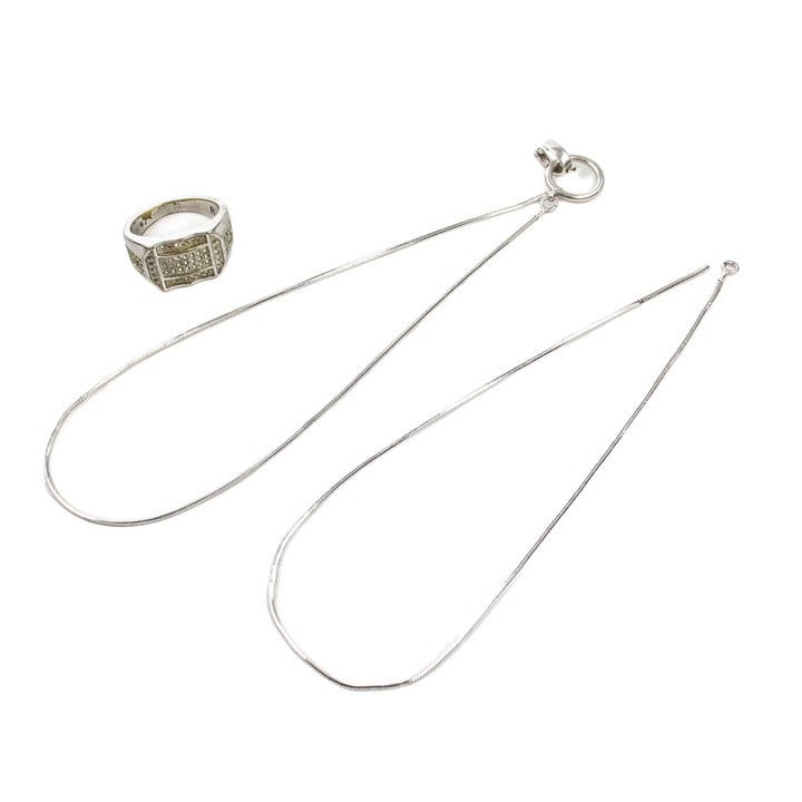 Silver Clear Stone Pavé Band Ring, Size P, Silver Hoop Pendant and Chain (Snapped), 51cm, total weight 9.2g (VAT Only Payable on Buyers Premium)