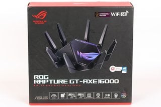 ASUS ROG RAPTURE GT-AXE16000 WIFI 6 QUAD BAND GAMING ROUTER WITH BOX AND ALL ACCESSORIES (DAMAGE TO 1 FIN) - RRP £499: LOCATION - FRONT BOOTH