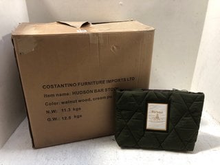 BARBOUR MARIAH MINI QUILTED TOTE BAG IN KHAKI TO INCLUDE CONSTANTINO HUDSON PU BAR STOOL IN WALNUT WOOD/CREAM: LOCATION - A14