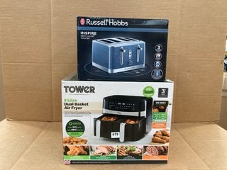 TOWER 9L DUAL BASKET AIR FRYER TO INCLUDE RUSSELL HOBBS INSPIRE 4 SLICE GREY TOASTER: LOCATION - C9