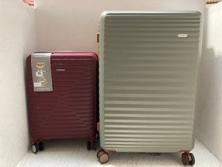 LONDON FROG SMALL HARDSHELL SUITCASE IN BURGUNDY TO INCLUDE SHOWKOO 3 PIECE HARDSHELL NEST OF SUITCASES IN MOSS GREEN: LOCATION - A-1