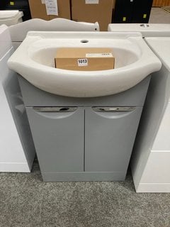 (COLLECTION ONLY) FLOOR STANDING SEMI RECESSED SINK UNIT IN LIGHT GREY WITH A 560 X 430MM 1TH CERAMIC BASIN COMPLETE WITH A MONO BASIN MIXER TAP AND CHROME SPRUNG RRP £745: LOCATION - D6