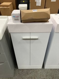 (COLLECTION ONLY) FLOOR STANDING 2 DOOR CLOSET SINK UNIT IN WHITE WITH A 415 X 225MM SIDE TH POLYMARBLE BASIN COMPLETE WITH A MONO BASIN MIXER TAP AND CHROME SPRUNG WASTE RRP £635: LOCATION - D6