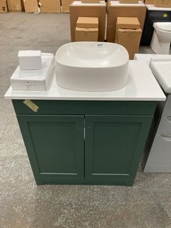 (COLLECTION ONLY) FLOOR STANDING 2 DOOR COUNTERTOP SINK UNIT IN FIR GREEN AND WHITE 800 X 460MM WITH A VITRA CERAMIC VESSEL BASIN COMPLETE WITH A HIGH MONO BASIN MIXER TAP AND CHROME SPRUNG WASTE RRP