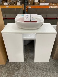 (COLLECTION ONLY) 2X FLOOR STANDING BASE UNITS IN WHITE WITH A 820 X 370MM COUNTERTOP COMPLETE WITH A 1TH CERAMIC BASIN COMPLETE WITH A MONO BASIN MIXER TAP AND CHROME SPRUNG WASTE RRP £710: LOCATION