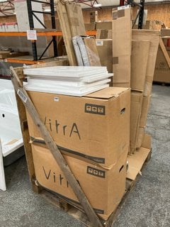 (COLLECTION ONLY) PALLET OF ASSORTED ITEMS TO INCLUDE CERAMICS, WHITE COUNTERTOPS, WHITE BATH END PANEL, BASE FURNITURE PLINTHS AND FLOORING: LOCATION - C8