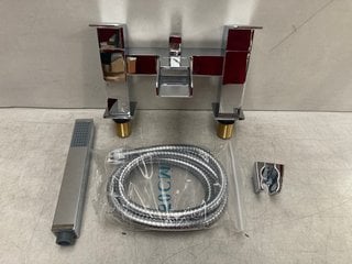 WATERFALL SPOUT DECK MOUNTED BSM IN CHROME WITH PENCIL STYLE SHOWER HANDSET, HOSE AND WALL MOUNTING BRACKET RRP £395: LOCATION - R3