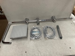 RISER RAIL KIT IN CHROME WITH SQUARE FIXED SHOWER, PENCIL STYLE SHOWER HANDSET AND HOSE RRP £185: LOCATION - R3