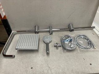 RISER RAIL KIT IN CHROME WITH SQUARE FIXED SHOWER, MULTI FUNCTION SHOWER HANDSET AND HOSE RRP £185: LOCATION - R3