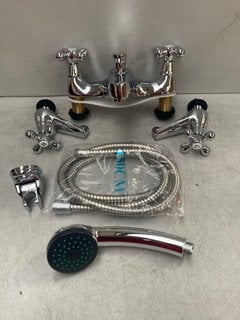 TRADITIONAL STYLED BATHROOM TAP SET TO INCLUDE A DECK MOUNTED BSM IN CHROME WITH SHOWER HANDSET, HOSE AND WALL MOUNTING BRACKET WITH A PAIR OF TRADITIONAL BASIN PILLAR TAPS RRP £465: LOCATION - R1