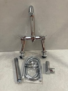 MODERN CROSSHEAD DECK MOUNTED BSM IN CHROME WITH PENCIL STYLE SHOWER HANDSET, HOSE AND WALL MOUNTING BRACKET RRP £375: LOCATION - R1