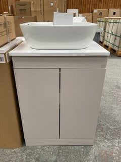 (COLLECTION ONLY) FLOOR STANDING 2 DOOR COUNTER TOP SINK UNIT IN CASHMERE AND WHITE 550 X 380MM WITH A CERAMIC VESSEL BASIN COMPLETE WITH A HIGH MONO BASIN MIXER TAP WITH SPRUNG WASTE RRP £710: LOCAT