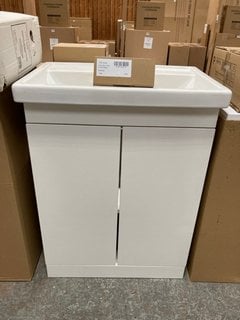 (COLLECTION ONLY) FLOOR STANDING 2 DOOR SINK UNIT IN WITH A 650 X 430MM 1TH CERAMIC BASIN COMPLETER WITH A MONO BASIN MIXER TAP AND CHROME SPRUNG WASTE RRP £755: LOCATION - D3