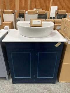 (COLLECTION ONLY) FLOOR STANDING 2 DOOR COUNTER TOP SINK UNIT IN INDIGO AND WHITE 800 X 460MM WITH A 1TH CERAMIC COUNTERTOP BASIN COMPLETE WITH A MONO BASIN MIXER TAP AND CHROME SPRUNG WASTE RRP £780