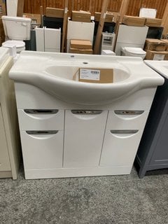 (COLLECTION ONLY) FLOOR STANDING 3 DOOR 2 DRAWER SEMI RECESSED SINK UNIT IN WHITE WITH A 850 X 480MM 1TH CERAMIC BASIN COMPLETE WITH A MONO BASIN MIXER TAP IN BRUSHED BRASS AND SPRUNG WASTE RRP £820: