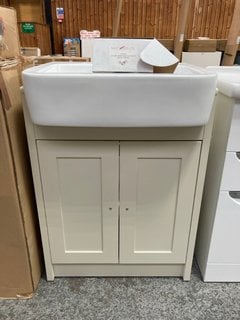 (COLLECTION ONLY) FLOOR STANDING 2 DOOR SEMI RECESSED SINK UNIT IN IVORY WITH A 610 X 410MM 1TH CERAMIC COMPLETE WITH A TRADITIONAL CROSSHEAD MONO BASIN MIXER TAP IN CHROME WITH POP UP WASTE RRP £765