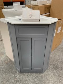 (COLLECTION ONLY) FLOOR STANDING 2 DOOR CORNER SINK UNIT IN LIGHT GREY WITH MATCHING 1TH CERAMIC BASIN COMPLETE WITH A TRADITIONAL CROSSHEAD MONO BASIN MIXER TAP AND CHROME SPRUNG WASTE RRP £695: LOC