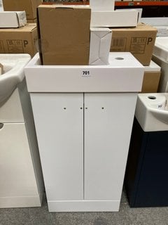 (COLLECTION ONLY) FLOOR STANDING 2 DOOR CLOSET SINK UNIT IN WHITE WITH A 415 X 225MM SIDE TH POLYMARBLE BASIN COMPLETE WITH A MONO BASIN MIXER TAP AND CHROME SPRUNG WASTE RRP £635: LOCATION - D3