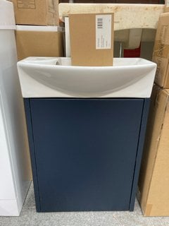 (COLLECTION ONLY) WALL HUNG 1 DOOR CLOSET SINK UNIT IN INDIGO WITH A 450 X 230MM SIDE TH CERAMIC BASIN COMPLETE WITH A MONO BASIN MIXER TAP AND CHROME SPRUNG WASTE RRP £635: LOCATION - D3