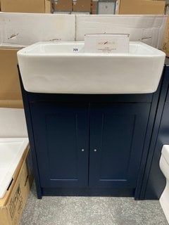 (COLLECTION ONLY) FLOOR STANDING 2 DOOR SEMI RECESSED SINK UNIT IN INDIGO WITH A 610 X 410MM 1TH CERAMIC COMPLETE WITH A TRADITIONAL CROSSHEAD MONO BASIN MIXER TAP AND CHROME SPRUNG WASTE RRP £765: L