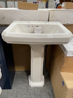 (COLLECTION ONLY) 600MM WIDE TRADITIONAL STYLED 2TH CERAMIC BASIN WITH FULL PEDESTAL WITH A PAIR OF TRADITIONAL CROSSHEAD PILLAR TAPS IN CHROME WITH PLUG AND CHAIN WASTE RRP £420: LOCATION - D3