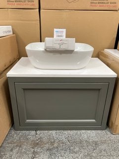 (COLLECTION ONLY) WALL HUNG 1 DRAWER COUNTERTOP SINK UNIT GREY PEWTER AND WHITE 670 X 400MM WITH A CERAMIC VESSEL BASIN COMPLETE WITH A HIGH MONO BASIN MIXER TAP AND CHROME SPRUNG WASTE RRP £775: LOC