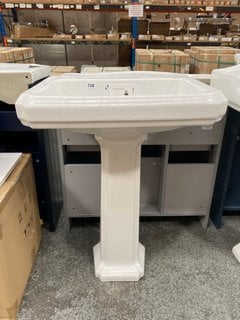 (COLLECTION ONLY) 600MM WIDE TRADITIONAL STYLED 2TH CERAMIC BASIN WITH FULL PEDESTAL WITH A PAIR OF PILLAR TAPS IN CHROME WITH PLUG AND CHAIN WASTE RRP £420: LOCATION - D5