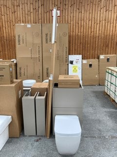 (COLLECTION ONLY) BATHROOM SET TO INCLUDE A TOILET UNIT IN MATT STONE WITH BTW PAN, SEAT AND CONCEALED CISTERN FITTING KIT, 2X BASE UNITS WITH A 1000 X 165MM PLINTH AND 2000 X 355 X 28MM DRIFTWOOD BA