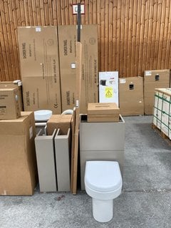 (COLLECTION ONLY) BATHROOM SET TO INCLUDE A TOILET UNIT IN MATT STONE WITH BTW PAN, SEAT AND CONCEALED CISTERN FITTING KIT, 2X BASE UNITS WITH A 1000 X 165MM PLINTH AND 2000 X 355 X 28MM JAVA ICE BAT