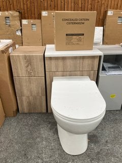 (COLLECTION ONLY) 500 X 350MM TOILET UNIT IN BARDOLINO OAK AND WHITE WITH BTW PAN, SEAT AND CONCEALED CISTERN FITTING KIT COMPLETE WITH A FLOOR STANDING 3 DRAWER BASE UNIT 300 X 340MM RRP £1025: LOCA