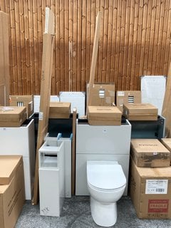 (COLLECTION ONLY) BATHROOM SET TO INCLUDE A TOILET UNIT IN LIGHT GREY GLOSS WITH BTW PAN, SEAT AND CONCEALED CISTERN FITTING KIT, 3X BASE UNITS WITH A 1000 X 165MM PLINTH AND 2000 X 355 X 28MM JAVA I