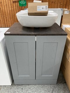 (COLLECTION ONLY) FLOOR STANDING 2 DOOR COUNTERTOP SINK UNIT IN GREY WOODGRAIN AND MOCHA 600 X 460MM WITH A 1TH CERAMIC BASIN COMPLETE WITH A MONO BASIN MIXER TAP AND CHROME SPRUNG WASTE RRP £715: LO