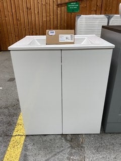 (COLLECTION ONLY) FLOOR STANDING 2 DOOR SINK UNIT IN WHITE WITH A 620 X 470MM 1TH CERAMIC BASIN COMPLETE WITH A MONO BASIN MIXER TAP IN CHROME RRP £720: LOCATION - D4