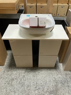 (COLLECTION ONLY) FLOOR STANDING 2 DOOR BASE UNITS IN CASHMERE WITH A 820 X 370MM WHITE COUNTERTOP COMPLETE WITH A 1TH CERAMIC BASIN COMPLETE WITH A MONO BASIN MIXER TAP AND CHROME SPRUNG WASTE RRP £