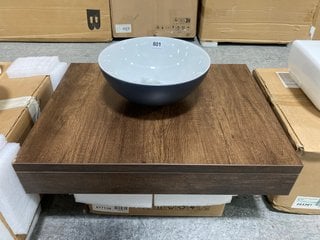 (COLLECTION ONLY) 600 X 460MM FLOATING SHELF IN DARK OAK WITH A MATT GREY ROUND CERAMIC VESSEL BASIN RRP £410: LOCATION - D3