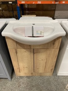 (COLLECTION ONLY) FLOOR STANDING 2 DOOR SEMI RECESSED SINK UNIT IN GLADSTONE OAK WITH A 650 X 440MM 1TH CERAMIC BASIN COMPLETE WITH A MONO BASIN MIXER TAP AND CHROME SPRUNG WASTE RRP £775: LOCATION -